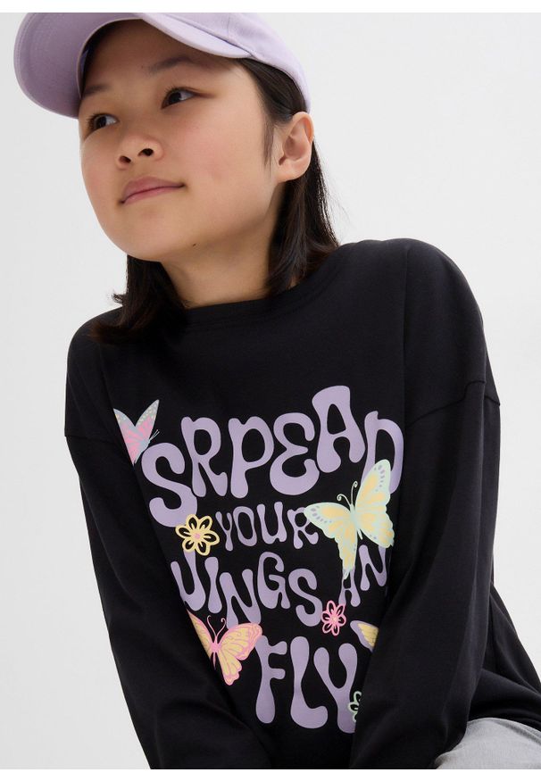 bonprix - Bluzka z długim rękawem z czystej bawełny organicznej. Kolor: czarny. Materiał: bawełna. Długość rękawa: długi rękaw. Długość: długie. Wzór: nadruk. Styl: elegancki