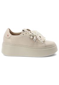 CheBello - Sneakersy damskie Chebello, cholewka ze skóry naturalnej gładkiej ozdobne sznurowanie z dekoracyjnymi elementami masywna platforma zwiększająca komfo. Okazja: na co dzień. Zapięcie: sznurówki. Kolor: beżowy. Materiał: skóra. Szerokość cholewki: normalna. Wzór: gładki. Obcas: na platformie. Styl: casual, elegancki #9