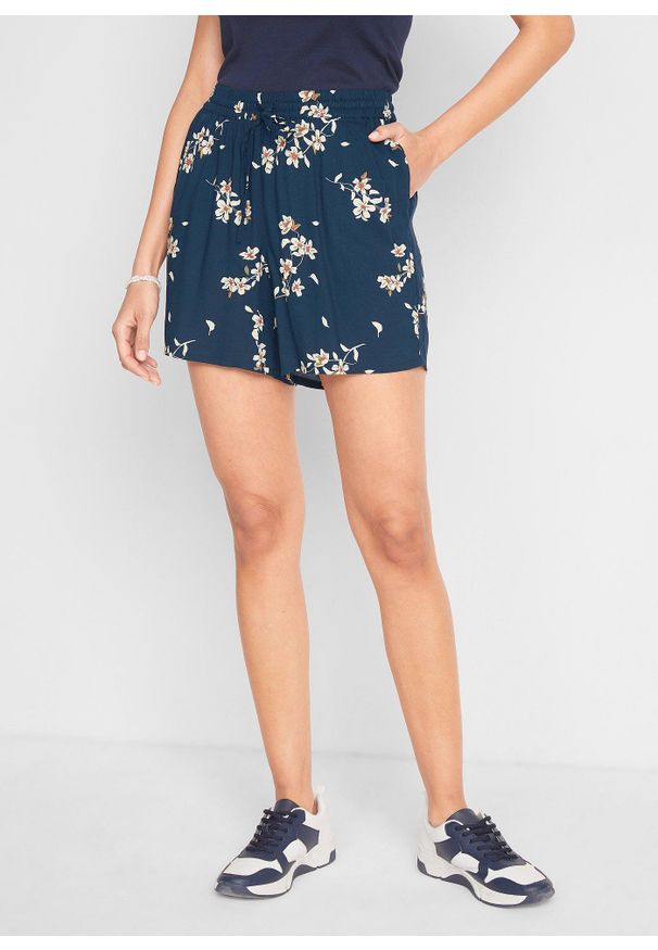 bonprix - Szorty z wiskozy z wiązanym paskiem (2 szt.). Kolor: niebieski. Materiał: wiskoza. Długość: krótkie. Wzór: nadruk