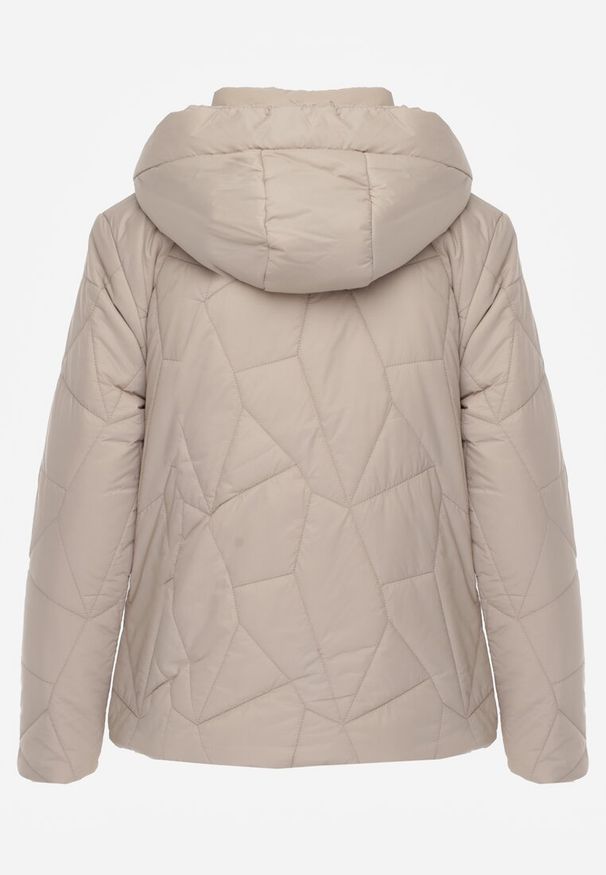 Renee - Ciemnobeżowa Przejściowa Kurtka z Kapturem Ozdobiona Pikowaniem Ninariela. Okazja: na co dzień. Typ kołnierza: kaptur. Kolor: beżowy. Materiał: jeans. Wzór: aplikacja. Styl: casual, sportowy