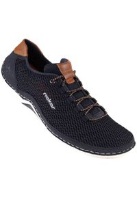 Komfortowe półbuty męskie letnie ażurowe wsuwane granatowe Rieker 07555-14. Zapięcie: bez zapięcia. Kolor: niebieski. Materiał: skóra ekologiczna. Wzór: ażurowy. Sezon: lato #1