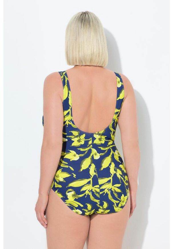 ULLA POPKEN - Damskie Strój kąpielowy roślinny nadruk bez miękkich miseczek. Kolekcja: plus size. Kolor: niebieski. Materiał: poliamid, poliester, materiał, elastan. Wzór: nadruk