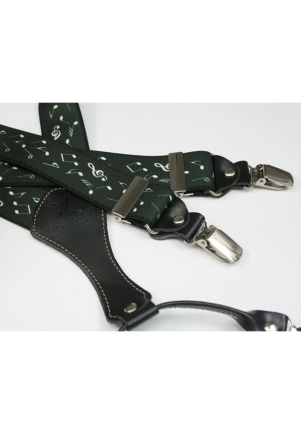 His Story - Szelki Szerokie, Ciemne Zielone w Nutki, Dla Muzyka, Męskie, Skóra Naturalna -HIS STORY- Stylowe. Kolor: zielony. Materiał: skóra, guma