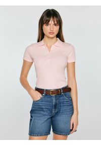 Big-Star - Koszulka damska polo slim z subtelnym haftem różowa Rafaela 601. Typ kołnierza: polo. Kolor: różowy. Materiał: materiał, prążkowany, dzianina. Wzór: haft. Sezon: wiosna, lato. Styl: sportowy, klasyczny #1