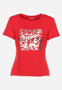 Born2be - Czerwony Bawełniany T-shirt z Krótkim Rękawem i Metalicznym Nadrukiem Cadiana. Kolor: czerwony. Materiał: bawełna. Długość rękawa: krótki rękaw. Długość: krótkie. Wzór: nadruk. Styl: klasyczny, elegancki #7