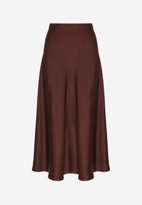 Born2be - Brązowa Rozkloszowana Midi Spódnica Satynowa Zapinana na Suwak z Gumką w Pasie Williwarne. Okazja: na co dzień, do pracy, na spotkanie biznesowe. Kolor: brązowy. Materiał: satyna. Styl: biznesowy, casual #2