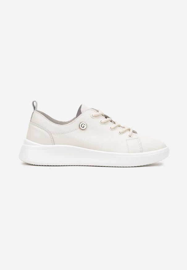 Renee - Beżowe Skórzane Sneakersy Zdobione Minimalistyczną Aplikacją Velotina. Okazja: na co dzień. Zapięcie: sznurówki. Kolor: beżowy. Materiał: skóra. Wzór: aplikacja. Obcas: na płaskiej podeszwie