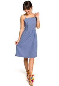 e-margeritka - Sukienka na ramiączkach za kolano niebieska - 44. Kolor: niebieski. Materiał: len, tkanina, poliester, materiał. Długość rękawa: na ramiączkach. Wzór: aplikacja. Sezon: lato. Typ sukienki: plisowane, dopasowane, rozkloszowane #1