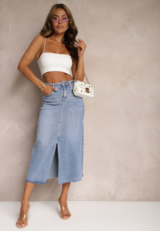 Renee - Jasnoniebieska Spódnica Maxi z Rozcięciem z Jeansu Vonuline. Stan: podwyższony. Kolor: niebieski. Materiał: jeans. Styl: sportowy, elegancki