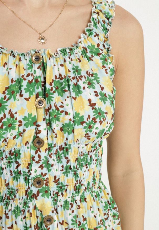 Born2be - Zielona Bawełniana Sukienka w Kwiatki o Rozkloszowanym Kroju z Guzikami Zirana. Okazja: na spacer, na imprezę, na co dzień. Typ kołnierza: dekolt kwadratowy. Kolor: zielony. Materiał: bawełna. Długość rękawa: na ramiączkach. Wzór: kwiaty. Styl: elegancki, casual