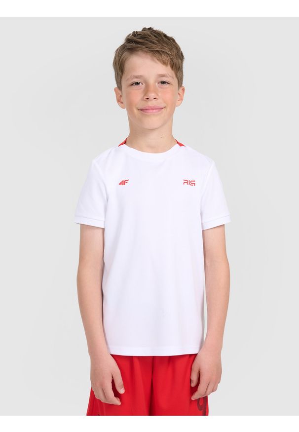 4f - 4F Koszulka sportowa dziecięca 4F JUNIOR x Robert Lewandowski - biała 122/128 (6-8 lat). Nosek buta: okrągły. Kolor: biały. Materiał: dzianina, materiał, włókno, syntetyk. Wzór: nadruk. Sezon: lato. Sport: piłka nożna, fitness