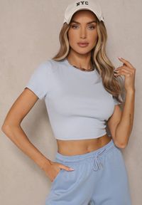 Renee - Jasnoniebieski T-shirt z Bawełny z Prążkowanego Materiału Aszedi. Okazja: na co dzień. Kolor: niebieski. Materiał: bawełna, materiał, prążkowany. Wzór: prążki. Styl: klasyczny, casual