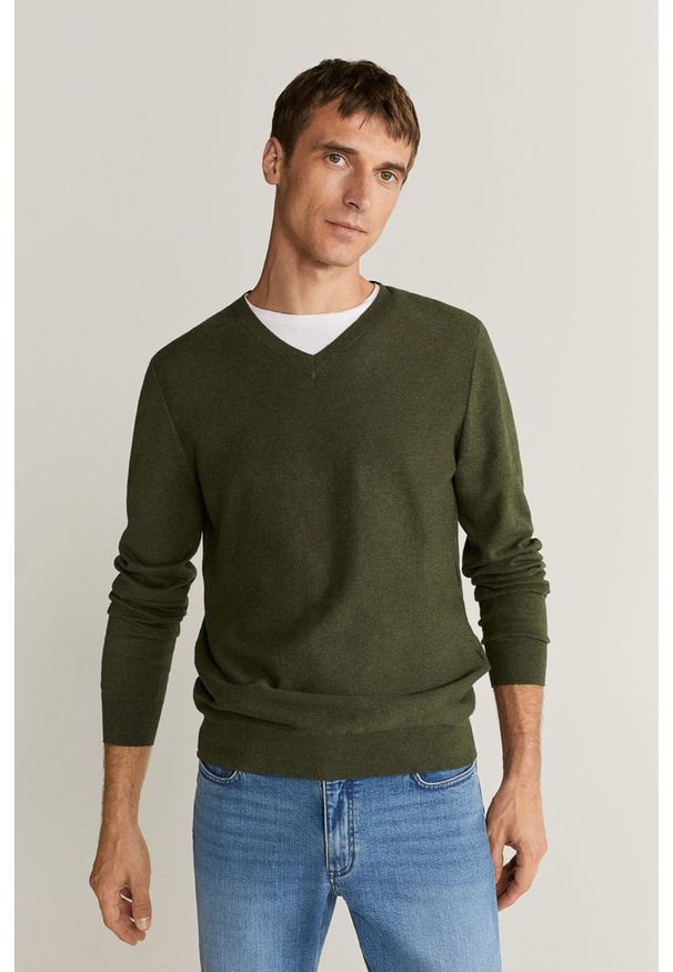 Mango Man - Sweter Tenv. Kolor: zielony. Materiał: wełna, bawełna, materiał, dzianina, kaszmir, poliamid. Wzór: gładki