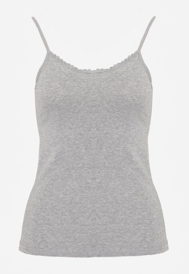 Born2be - Ciemnoszary Bieliźniany Top z Bawełny Ozdobiony Koronkową Lamówką Bervina. Okazja: na co dzień. Kolor: szary. Materiał: bawełna, koronka. Wzór: aplikacja. Styl: casual, klasyczny