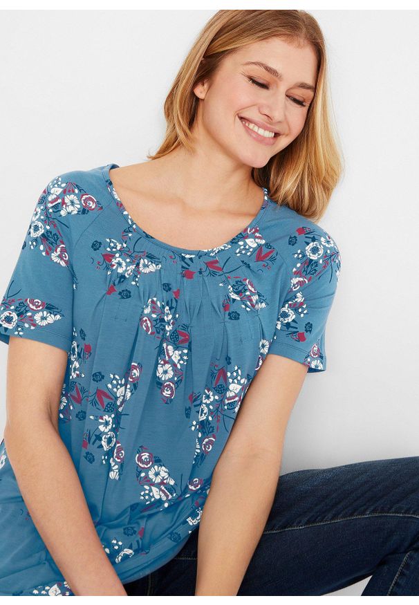 bonprix - Długi shirt z dłuższymi bokami, krótki rękaw. Kolor: niebieski. Materiał: materiał. Długość rękawa: krótki rękaw. Długość: krótkie