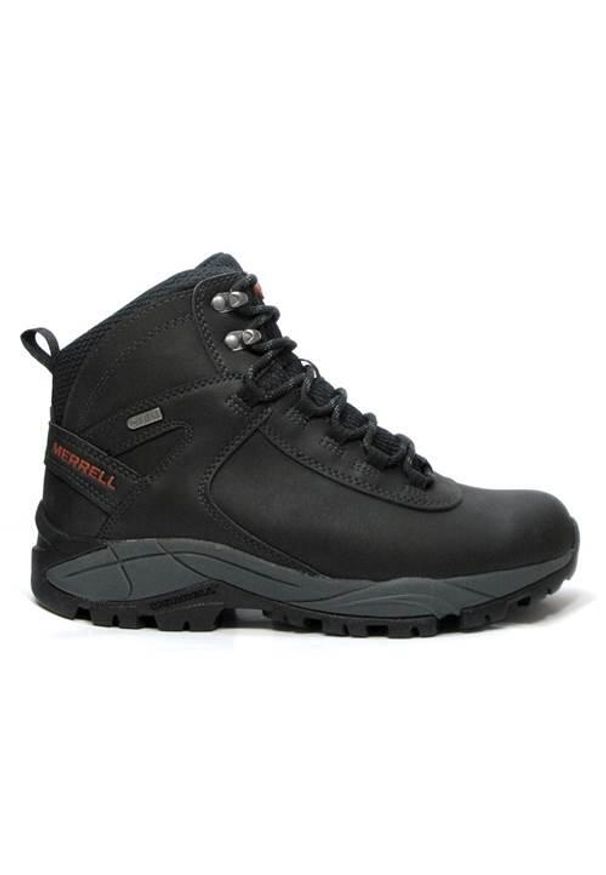 Buty trekkingowe męskie Merrell Vego Mid Leather Waterproof. Wysokość cholewki: za kostkę. Zapięcie: sznurówki. Kolor: czarny. Materiał: skóra, syntetyk, tkanina, materiał. Szerokość cholewki: normalna