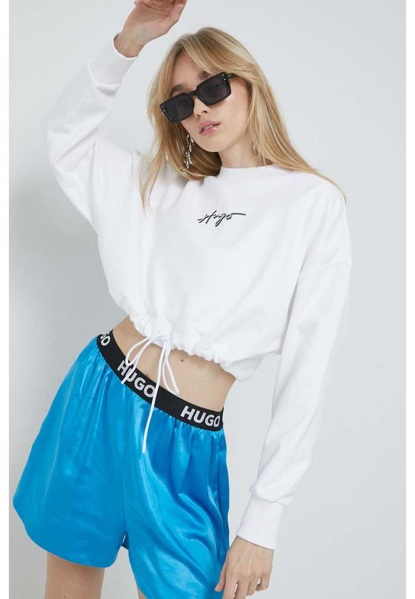Hugo - HUGO bluza bawełniana damska kolor biały z nadrukiem. Kolor: biały. Materiał: bawełna. Wzór: nadruk