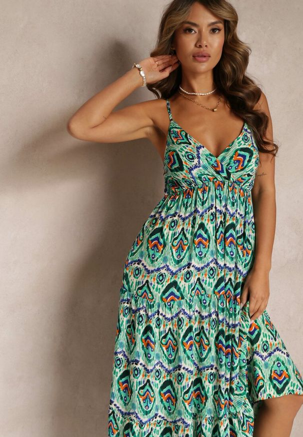 Renee - Zielona Wiskozowa Sukienka na Ramiączkach z Gumką w Pasie i Głębokim Dekoltem Konille. Okazja: na co dzień. Typ kołnierza: dekolt kopertowy. Kolor: zielony. Materiał: wiskoza. Długość rękawa: na ramiączkach. Typ sukienki: kopertowe. Styl: casual