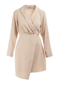 Born2be - Beżowa Sukienka Tryphala. Typ kołnierza: dekolt w kształcie V. Kolor: beżowy. Materiał: tkanina. Długość rękawa: długi rękaw. Wzór: jednolity, gładki, aplikacja. Typ sukienki: kopertowe. Styl: klasyczny. Długość: mini #6