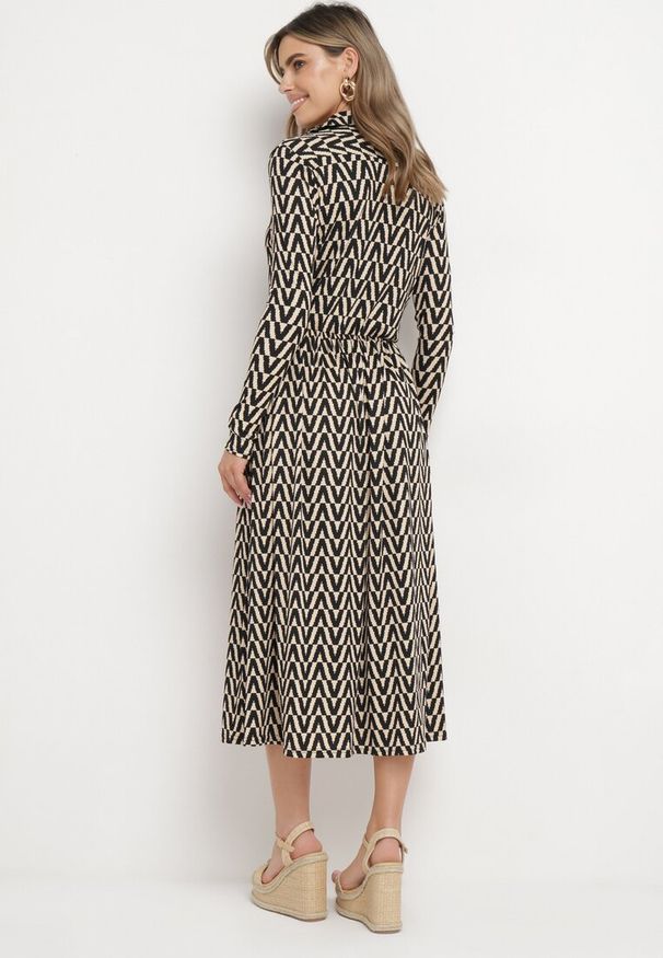 Born2be - Beżowo-Czarna Sukienka w Tygrysie Paski Chalmo. Okazja: na co dzień. Typ kołnierza: dekolt w serek. Kolor: beżowy. Długość rękawa: długi rękaw. Wzór: paski. Typ sukienki: proste. Styl: casual, klasyczny