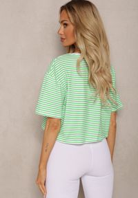 Renee - Zielony Oversizowy T-shirt Cropped w Paski z Elastycznej Bawełny Akrida. Kolor: zielony. Materiał: bawełna. Wzór: paski. Sezon: lato #5