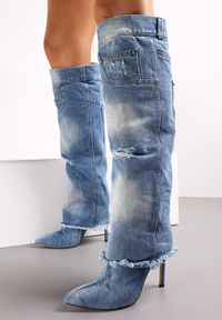 Renee - Jasnoniebieskie Kozaki Jeansowe na Szpilce z Przetarciami i Wywiniętą Cholewką Politre. Kolor: niebieski. Materiał: jeans. Szerokość cholewki: normalna. Obcas: na szpilce #1