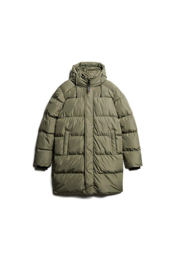 Kurtka z kapturem Superdry. Okazja: na co dzień. Typ kołnierza: kaptur. Kolor: zielony. Materiał: puch. Styl: casual, sportowy