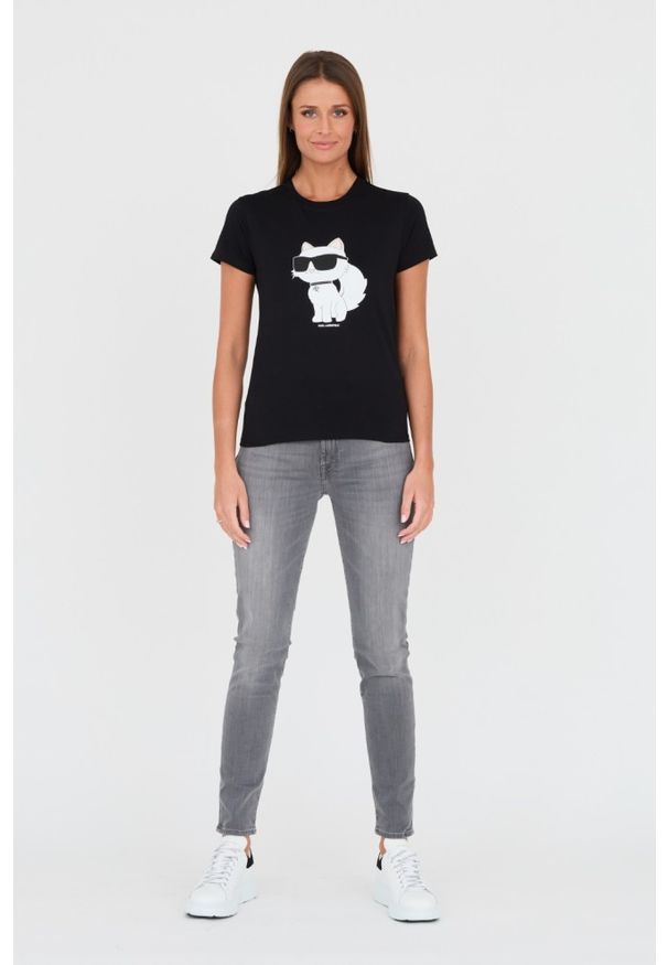 Karl Lagerfeld - KARL LAGERFELD Czarny damski t-shirt z kotem, Rozmiar S. Kolor: czarny