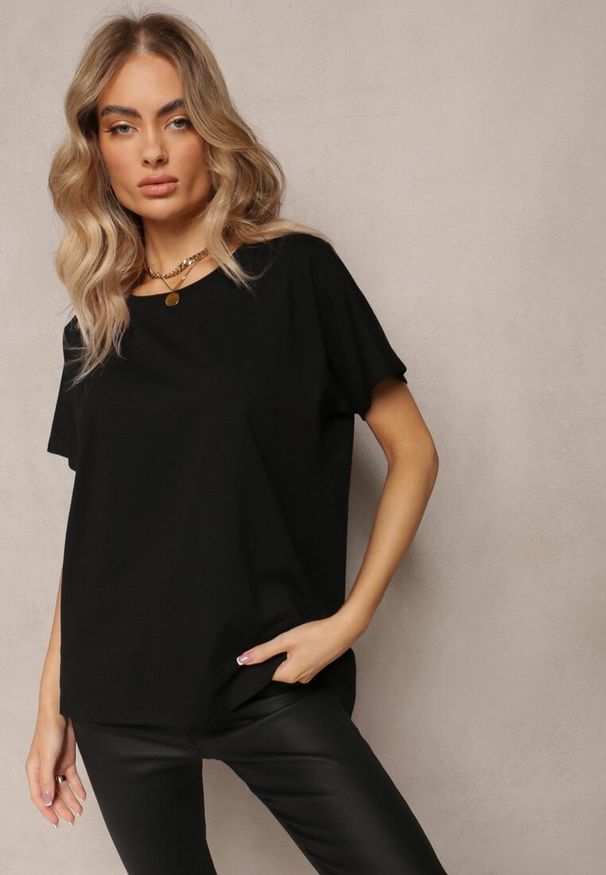 Renee - Czarny T-shirt Bawełniany z Krótkim Rękawem Kyndell. Kolor: czarny. Materiał: bawełna. Długość rękawa: krótki rękaw. Długość: krótkie. Wzór: jednolity, gładki, aplikacja. Styl: klasyczny