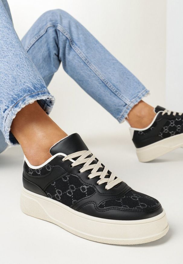 Born2be - Czarne Sneakersy na Grubej Podeszwie z Nadrukiem Damaleta. Kolor: czarny. Wzór: nadruk