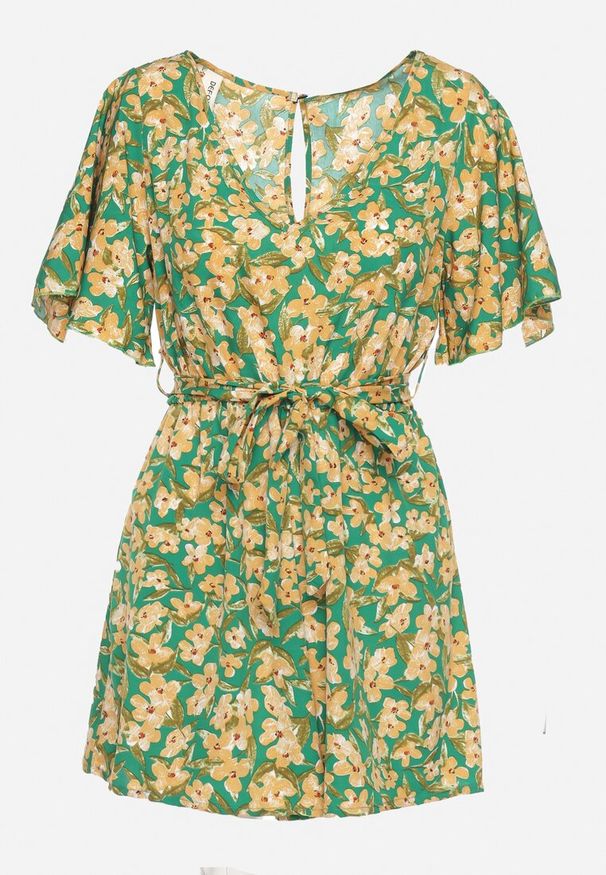 Born2be - Zielono-Żółty Kombinezon z Gumką w Pasie w Kwiatowy Wzór z Materiałowym Paskiem Illwina. Kolor: zielony. Materiał: materiał. Długość rękawa: krótki rękaw. Długość: krótkie. Wzór: kwiaty. Styl: elegancki