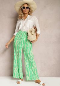 Renee - Zielone Spodnie z Szerokimi Nogawkami z Abstrakcyjnym Wzorem i Gumką w Pasie Sarieta. Kolor: zielony #5