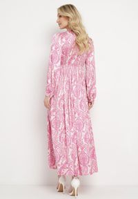 Born2be - Różowo-Niebieska Sukienka Maxi z Plisowanym Dołem i Gumką w Pasie w Ornamentalny Wzór Vuvina. Kolor: różowy. Materiał: tkanina. Długość: maxi #3