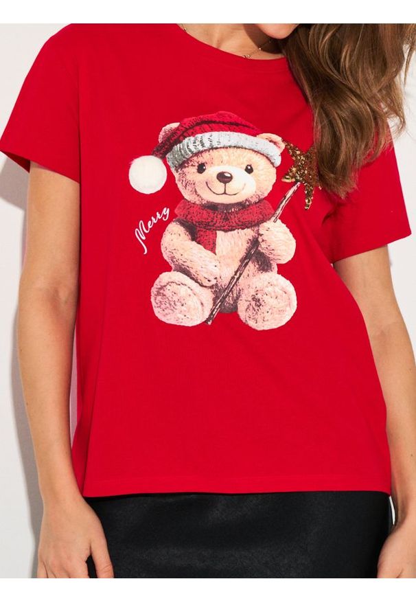 Sinsay - Bawełniana koszulka z nadrukiem świątecznym - czerwony. Kolor: czerwony. Materiał: bawełna. Wzór: nadruk. Styl: wizytowy