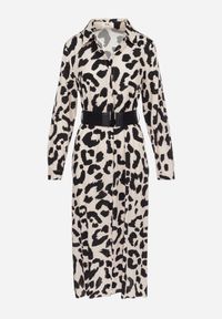 Born2be - Beżowo-Czarna Sukienka Koszulowa w Cętki z Paskiem Kalandra. Okazja: na spotkanie biznesowe. Typ kołnierza: dekolt w kształcie V. Kolor: beżowy. Materiał: wiskoza, materiał. Długość rękawa: długi rękaw. Typ sukienki: koszulowe. Styl: biznesowy #2