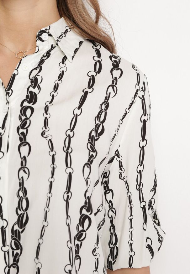 Born2be - Biała Koszula z Bawełny i Wiskozy w Łańcuszkowy Wzór Zirenia. Okazja: na co dzień. Typ kołnierza: kołnierzyk klasyczny. Kolor: biały. Materiał: bawełna, wiskoza. Długość rękawa: długi rękaw. Długość: długie. Wzór: aplikacja. Styl: klasyczny, casual, elegancki