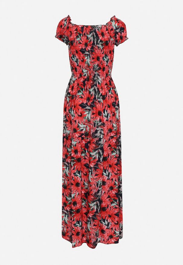 Born2be - Granatowo-Czerwona Wiskozowa Sukienka Hiszpanka w Kwiaty o Rozkloszowanym Kroju Uasteria. Okazja: na co dzień, na randkę, na imprezę. Typ kołnierza: dekolt hiszpanka. Kolor: niebieski. Materiał: wiskoza. Wzór: kwiaty. Sezon: lato. Typ sukienki: rozkloszowane. Styl: casual