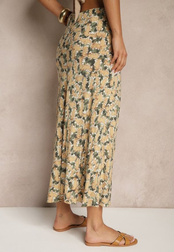 Renee - Zielono-Beżowa Rozkloszowana Spódnica z Wiskozy High Waist Fevanice. Okazja: na co dzień. Stan: podwyższony. Kolor: zielony. Materiał: wiskoza. Styl: casual, elegancki