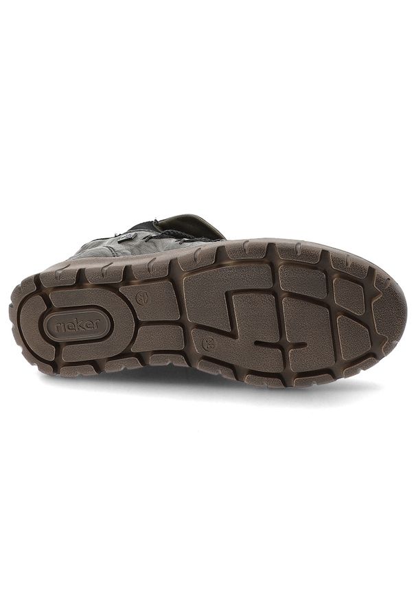 Botki damskie Rieker, skórzane licowe na grubej podeszwie antistress ocieplane z ozdobną cholewką, zielone, N1353-52. Okazja: na co dzień. Kolor: zielony. Materiał: skóra. Szerokość cholewki: normalna. Styl: casual