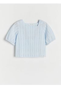 Reserved - Bluzka ażurowa - jasnoniebieski. Kolor: niebieski. Materiał: bawełna. Wzór: ażurowy #1