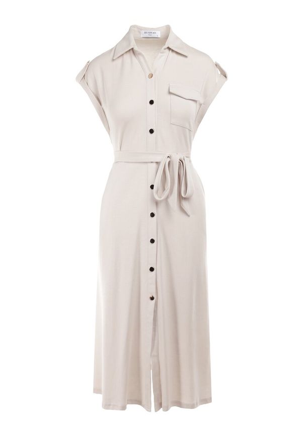 Born2be - Jasnobeżowa Sukienka Koszulowa Phinitrite. Okazja: na co dzień. Kolor: beżowy. Wzór: aplikacja. Typ sukienki: koszulowe. Materiał: materiał. Długość rękawa: krótki rękaw. Sezon: lato. Styl: casual. Długość: midi