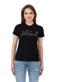 Karl Lagerfeld - KARL LAGERFELD Czarny damski t-shirt Rhinestone Logo, Rozmiar XS. Kolor: czarny