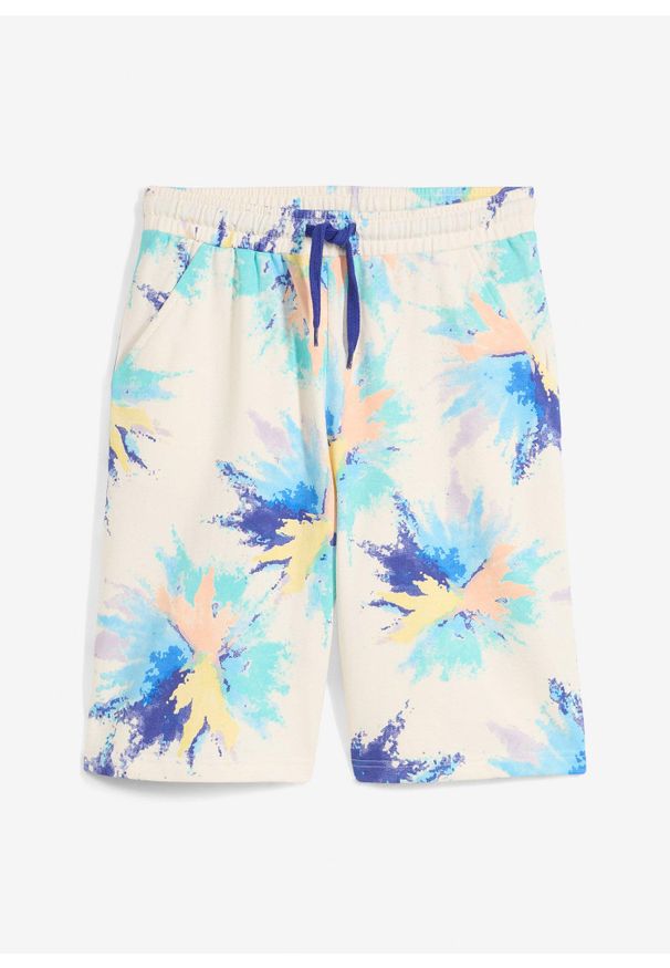 bonprix - Bermudy dresowe z bawełny organicznej. Kolor: beżowy. Materiał: dresówka, bawełna. Wzór: nadruk