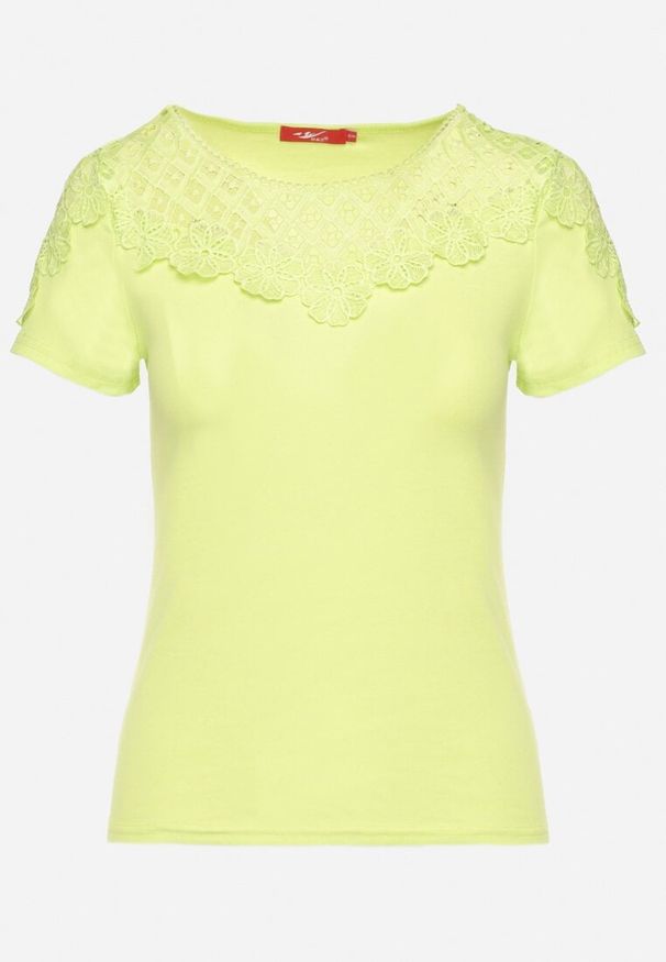 Born2be - Zielony Bawełniany T-shirt z Koronkowymi Wstawkami Zaredira. Okazja: na co dzień. Kolor: zielony. Materiał: bawełna, koronka. Wzór: koronka. Styl: klasyczny, elegancki, casual