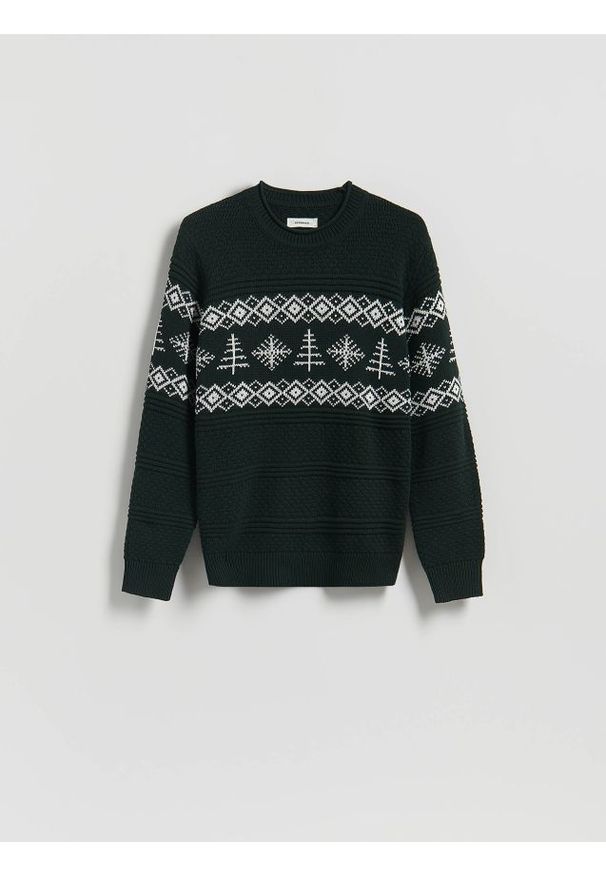 Reserved - Strukturalny sweter z bawełną - ciemnozielony. Kolor: zielony. Materiał: bawełna