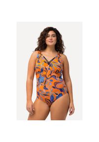 ULLA POPKEN - Damski Kostium kąpielowy kwiaty ozdobne tasiemki miękkie miseczki. Kolekcja: plus size. Kolor: pomarańczowy. Materiał: poliester, elastan, poliamid, materiał. Wzór: kwiaty
