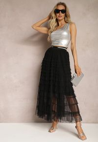 Renee - Czarna Bawełniana Spódnica Ozdobiona Falbankami Maxi Creama. Kolor: czarny. Materiał: bawełna. Długość: długie. Wzór: aplikacja. Sezon: lato #4