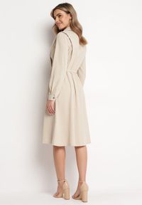 Born2be - Beżowa Sukienka Midi z Gumką w Pasie i Dodatkowym Paskiem ze Sprzączką Zawadi. Kolor: beżowy. Styl: elegancki. Długość: midi #5