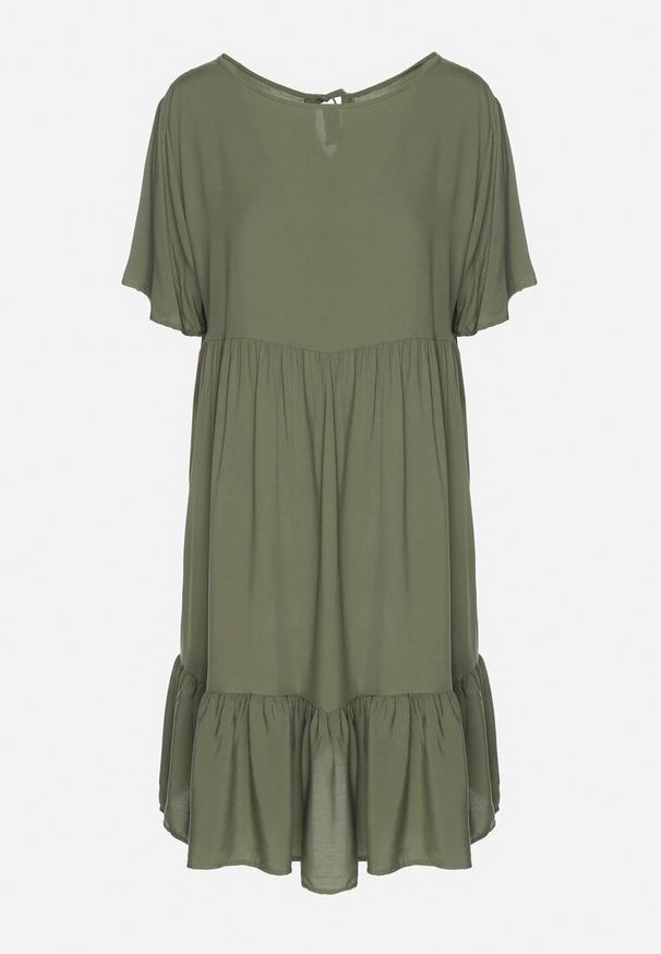 Born2be - Ciemnozielona Sukienka z Bawełny o Rozkloszowanym Kroju z Wiązaniem przy Dekolcie Mepilea. Okazja: na co dzień. Kolor: zielony. Materiał: bawełna. Długość rękawa: krótki rękaw. Sezon: wiosna, lato. Typ sukienki: rozkloszowane. Styl: casual, klasyczny, elegancki