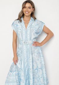 Born2be - Niebieska Rozkloszowana Sukienka Koszulowa z Lnu i Wiskozy z Paskiem Alumera. Typ kołnierza: dekolt w serek, kołnierzyk klasyczny. Kolor: niebieski. Materiał: len, wiskoza. Typ sukienki: koszulowe. Styl: klasyczny #7